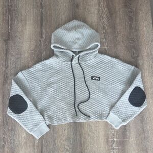 VIVA Quilted Cropped Hoodie in Light Gray with Black Elbow Patches